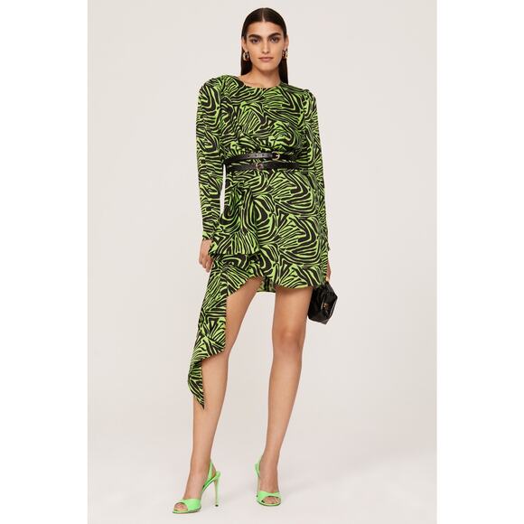 RONNY KOBO Women's Neon Green Zebra Animal Print Side Ruffle Dress Size 10